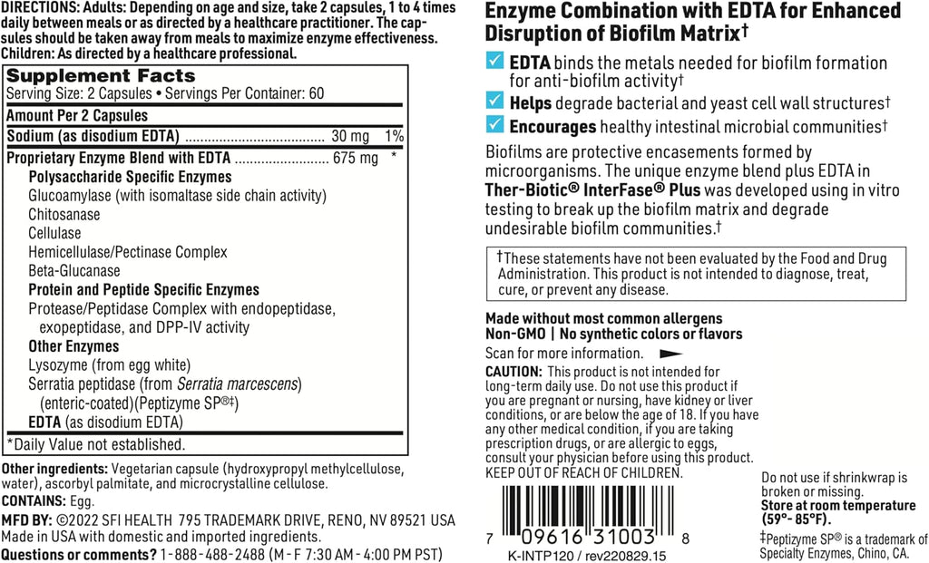 SFI Health Klaire Labs Ther-Biotic Interfase Plus - Enzimas Anti-Biofilm con EDTA (120 Cápsulas)