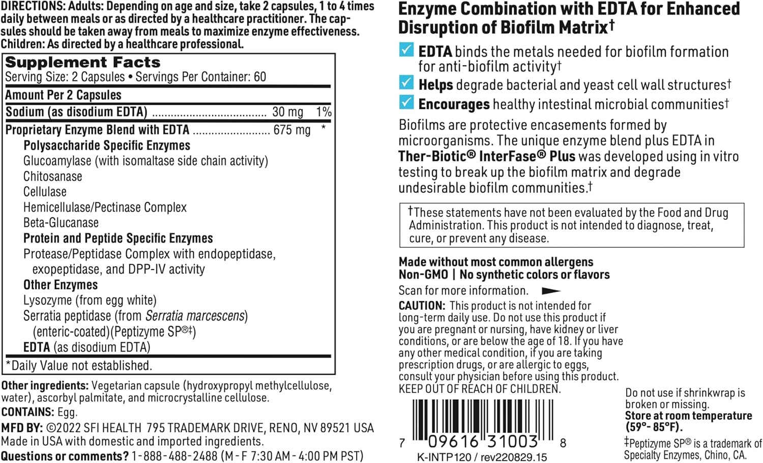 SFI Health Klaire Labs Ther-Biotic Interfase Plus - Enzimas Anti-Biofilm con EDTA (120 Cápsulas)
