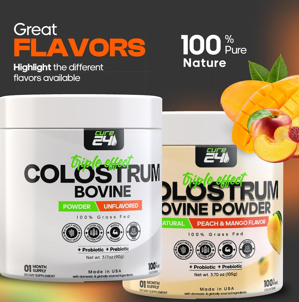 Cure24 Bovine Colostrum X3 Supplement Powder for Humans, 100% Pure Whole Natural Grass Fed Superfood, High IgG, Plus Probiotic & Prebiotic, Strawberry