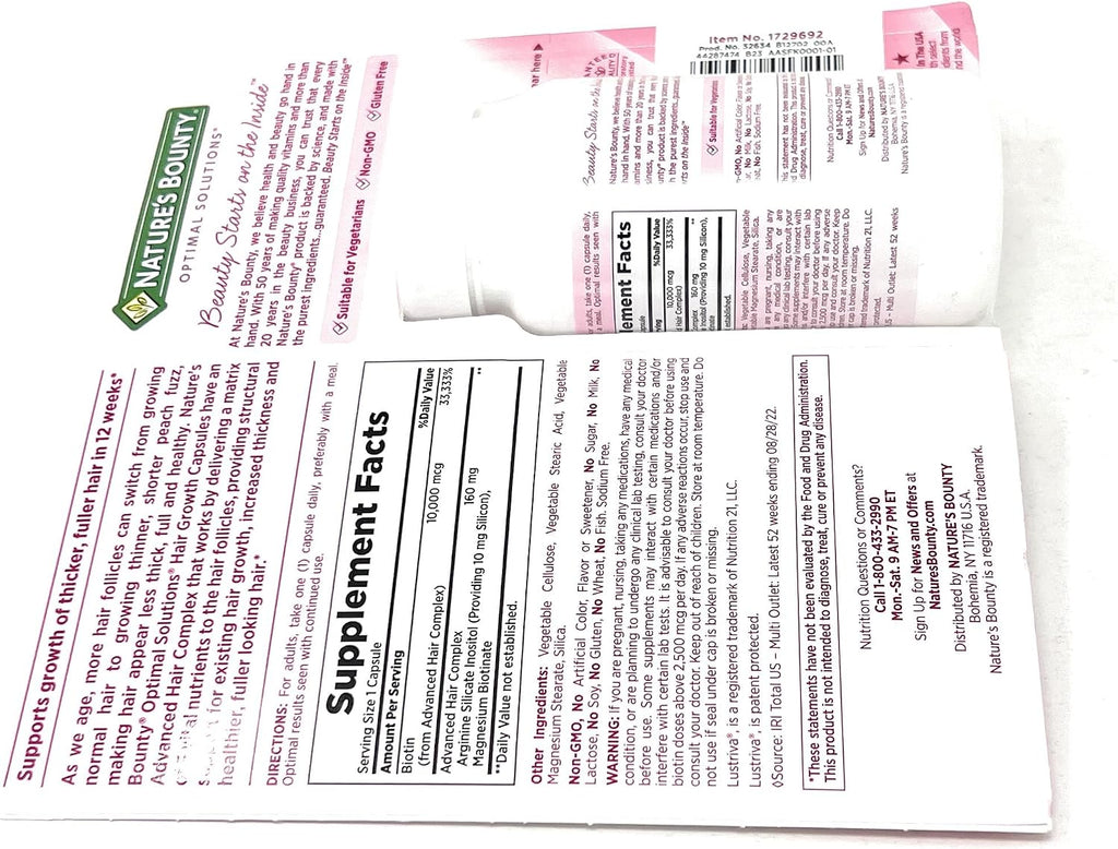 Nature's Bounty Suplemento para el Cabello con Biotina, Silicio y Arginina, 90 Cápsulas