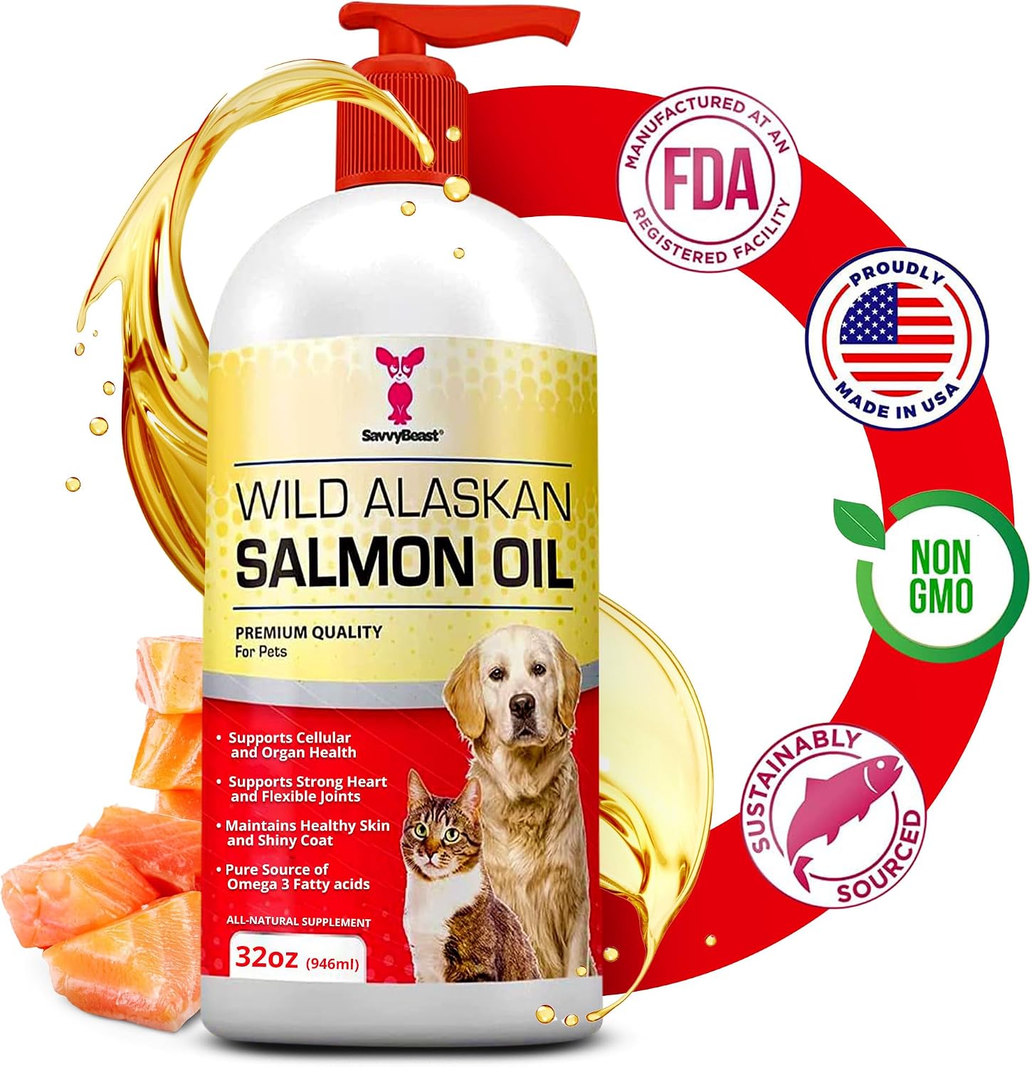 SavvyBeast Aceite de Salmón Salvaje de Alaska para Perros, Gatos y Hurones - 946 ml
