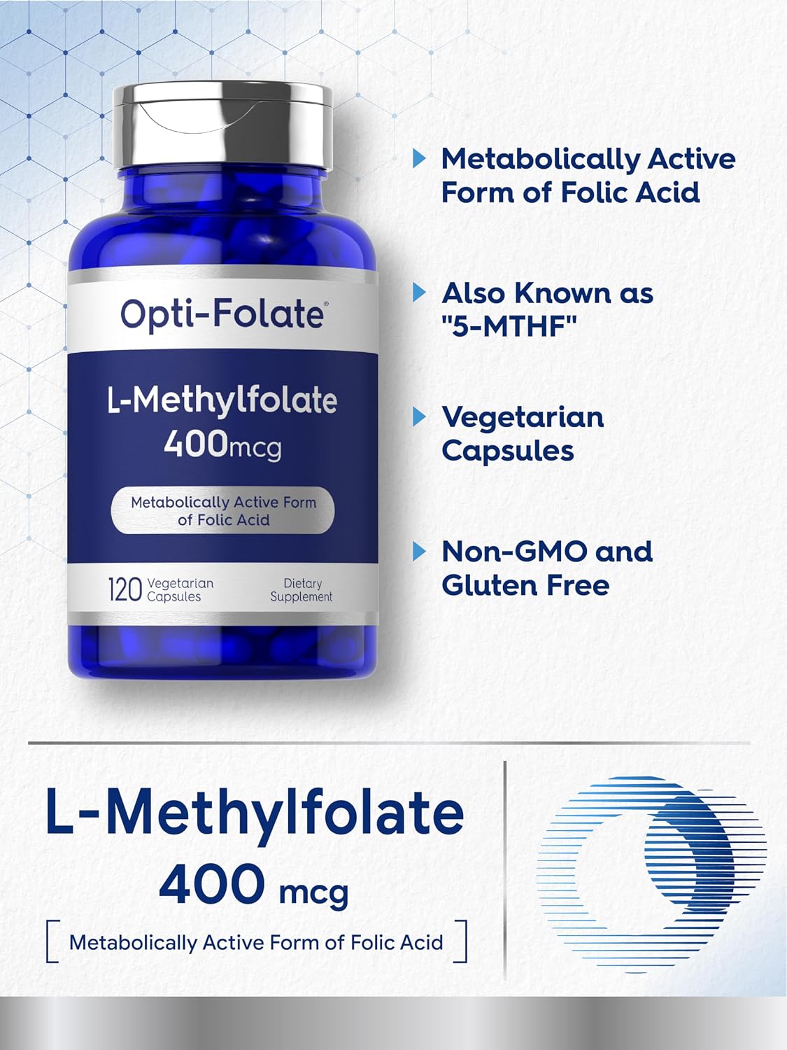 Carlyle L-Metilfolato 400 mcg | 120 Cápsulas Vegetales | Folato Metilado Activo | No GMO y Sin Gluten