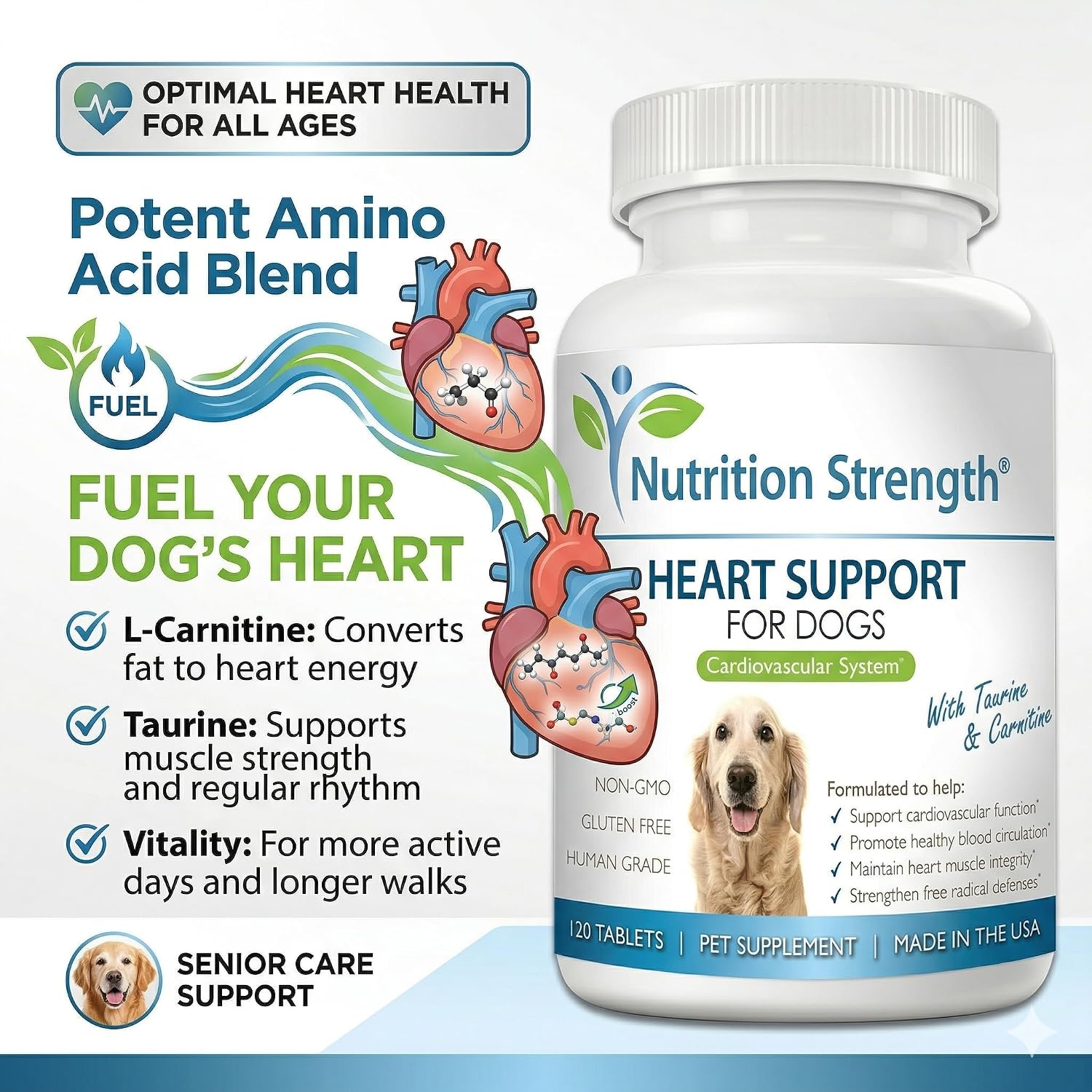 Nutrition Strength Apoyo cardíaco para perros con taurina y carnitina, 120 comprimidos masticables