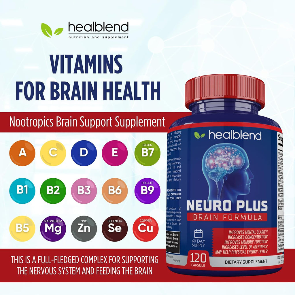 Neuro Plus Brain & Focus Formula - Nootrópico para Cerebro, Concentración y Claridad Mental - 120 Cápsulas