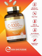 Carlyle Vitamina C 1000mg con Escaramujo y Bioflavonoides Cítricos | 250 Comprimidos Recubiertos | Vegetariano, No-GMO, Sin Gluten