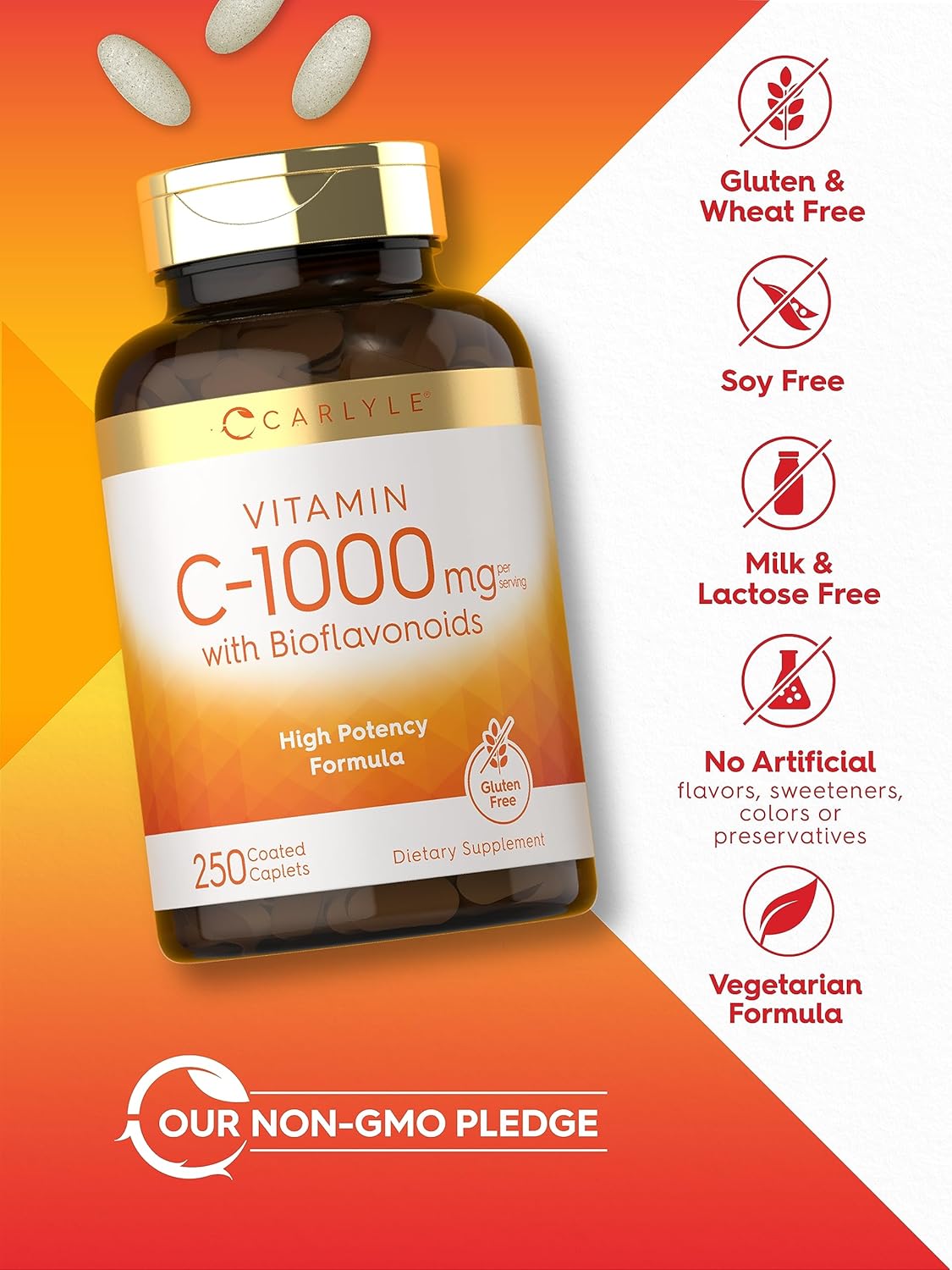 Carlyle Vitamina C 1000mg con Escaramujo y Bioflavonoides Cítricos | 250 Comprimidos Recubiertos | Vegetariano, No-GMO, Sin Gluten