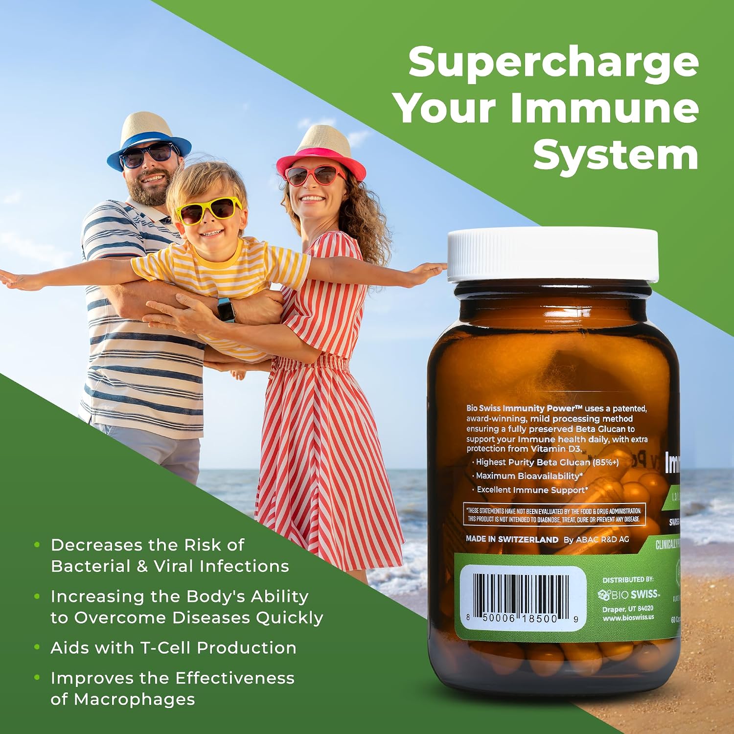 Bio Swiss Beta Glucan Immunity Power - 1,3D-1,6D Glucan con Vitamina D - Suplemento Inmunitario - Vegano, Sin Gluten (120 Cápsulas)