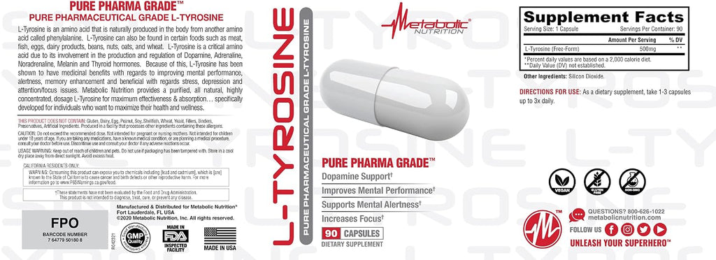 L-Tirosina 500mg, 90 Cápsulas – Metabolic Nutrition