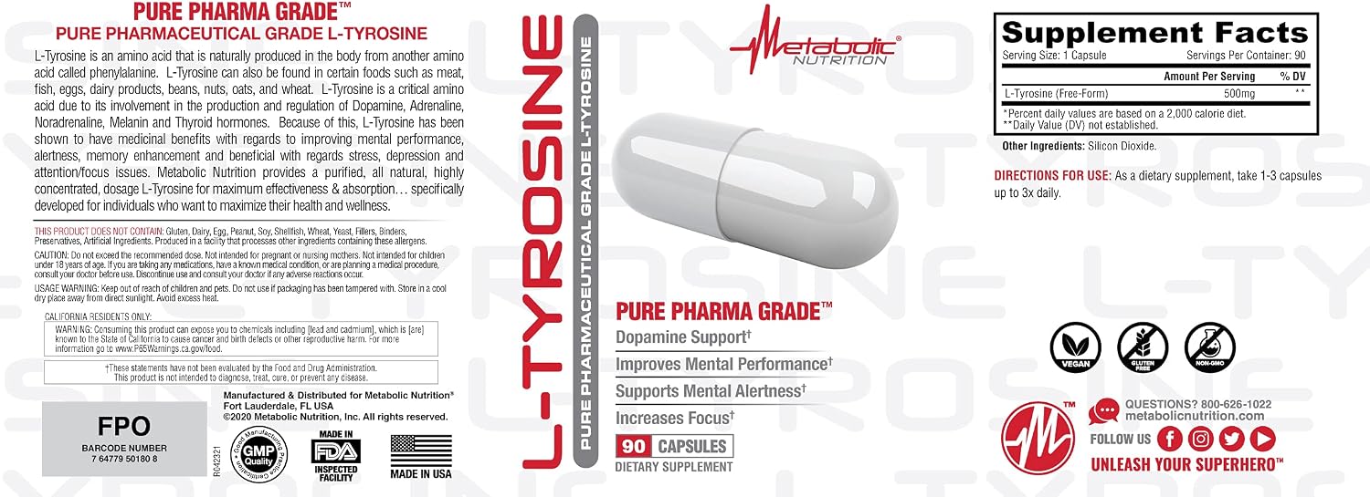 L-Tirosina 500mg, 90 Cápsulas – Metabolic Nutrition