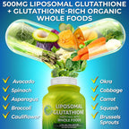 Liposomal Glutathione 500mg - Active Form L Glutathione (Reduced) for Maximum Absorption - Made with Organic Whole Foods - Master Antioxidant & Detoxifier - Immune & Cardiovascular Support - 60 count