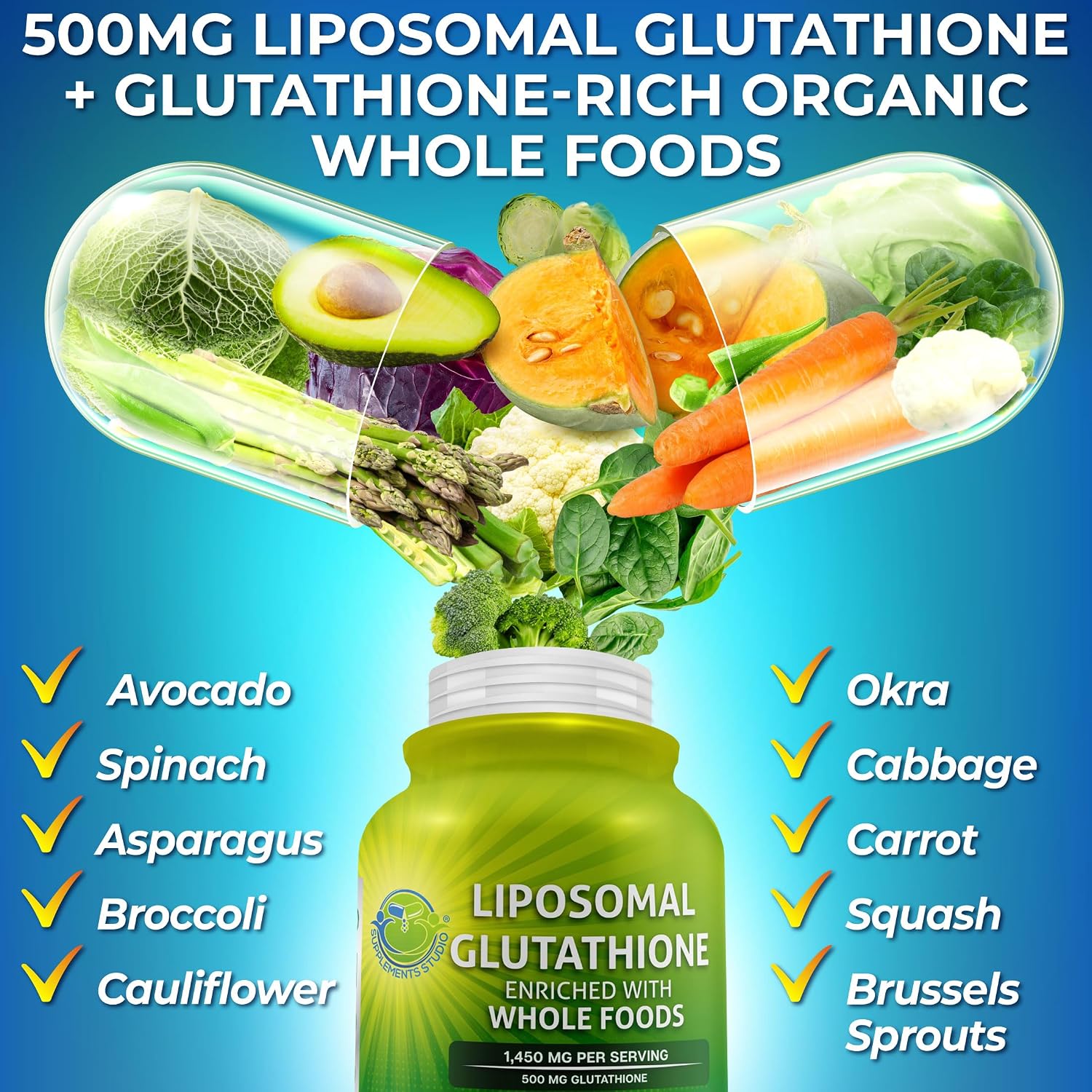 Liposomal Glutathione 500mg - Active Form L Glutathione (Reduced) for Maximum Absorption - Made with Organic Whole Foods - Master Antioxidant & Detoxifier - Immune & Cardiovascular Support - 60 count