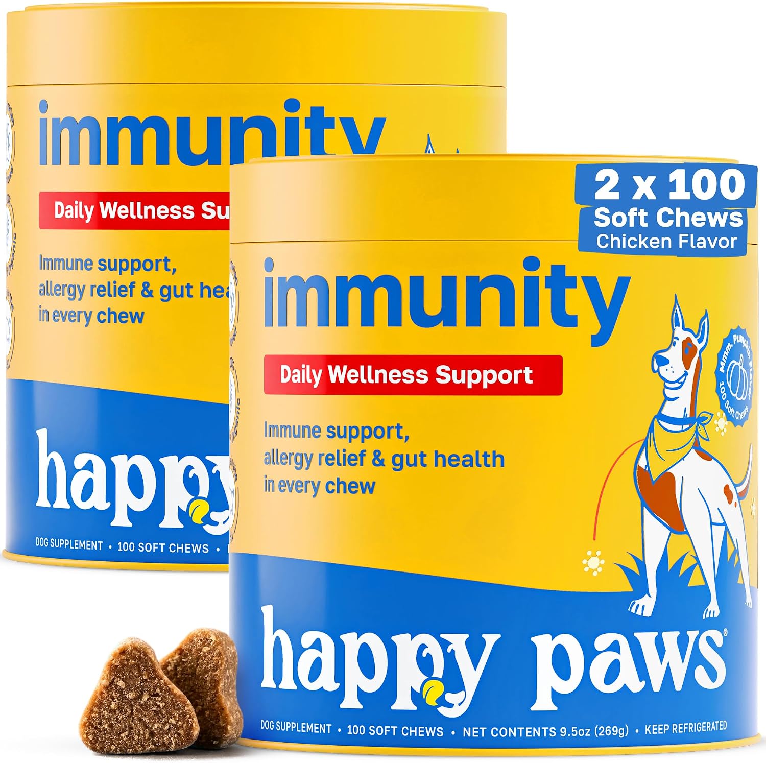 Happy Paws Suplemento de Cúrcuma para Perros, Bienestar Diario y Apoyo Inmunológico para Todas las Razas y Edades, Hecho con Cúrcuma, Calostro y Hongos Turkey Tail, Sabor a Calabaza, No Transgénico, 200 Masticables Blandos