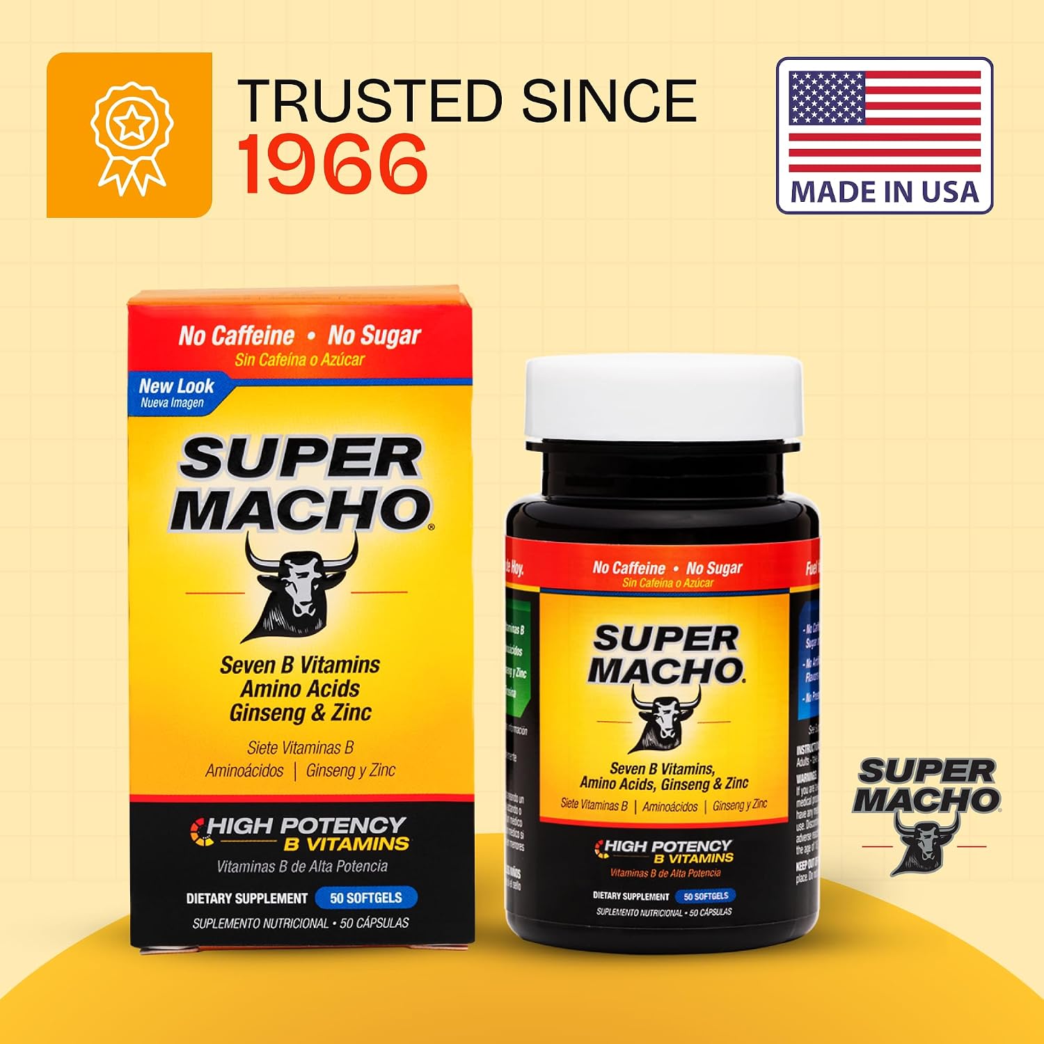 Super Macho, Complejo Vitamínico B y Aminoácidos de Alta Potencia para Hombres Activos, Sin Cafeína ni Azúcar, 50 Cápsulas Blandas