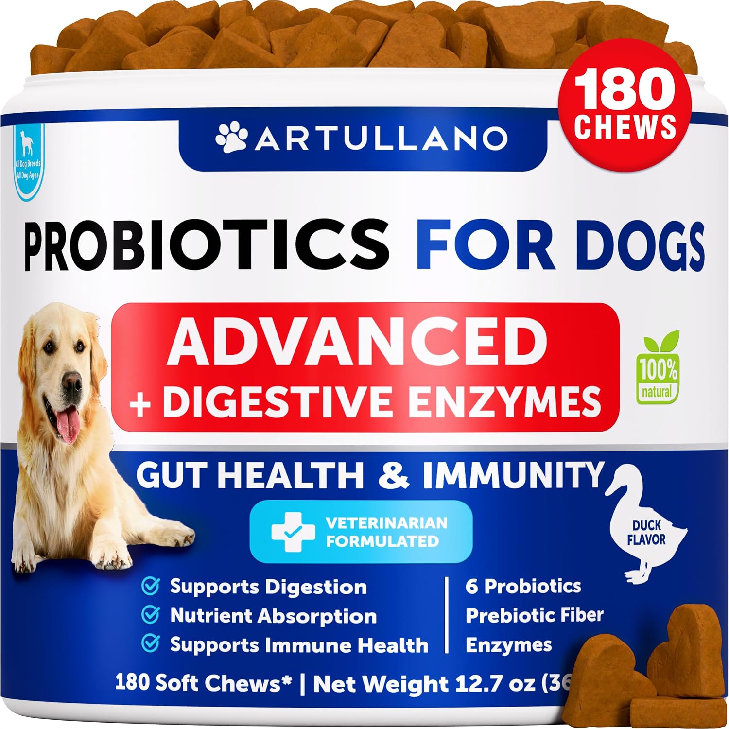 Probióticos para Perros - Apoya la Salud Digestiva, Piel con Picor, Alergias, Inmunidad, Equilibrio de Levaduras - Probióticos y Enzimas Digestivas con Prebióticos - Reduce Diarrea, Gases - 180 Masticables Probióticos para Perros