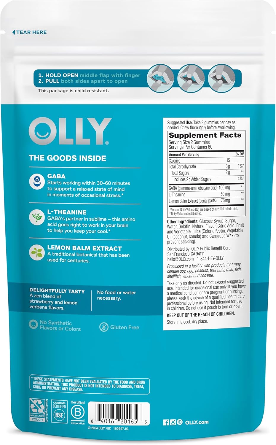 OLLY Goodbye Stress Gummy - GABA, L-Teanina y Melisa - Gominolas para el Estrés - Sabor Baya - 120 Gominolas