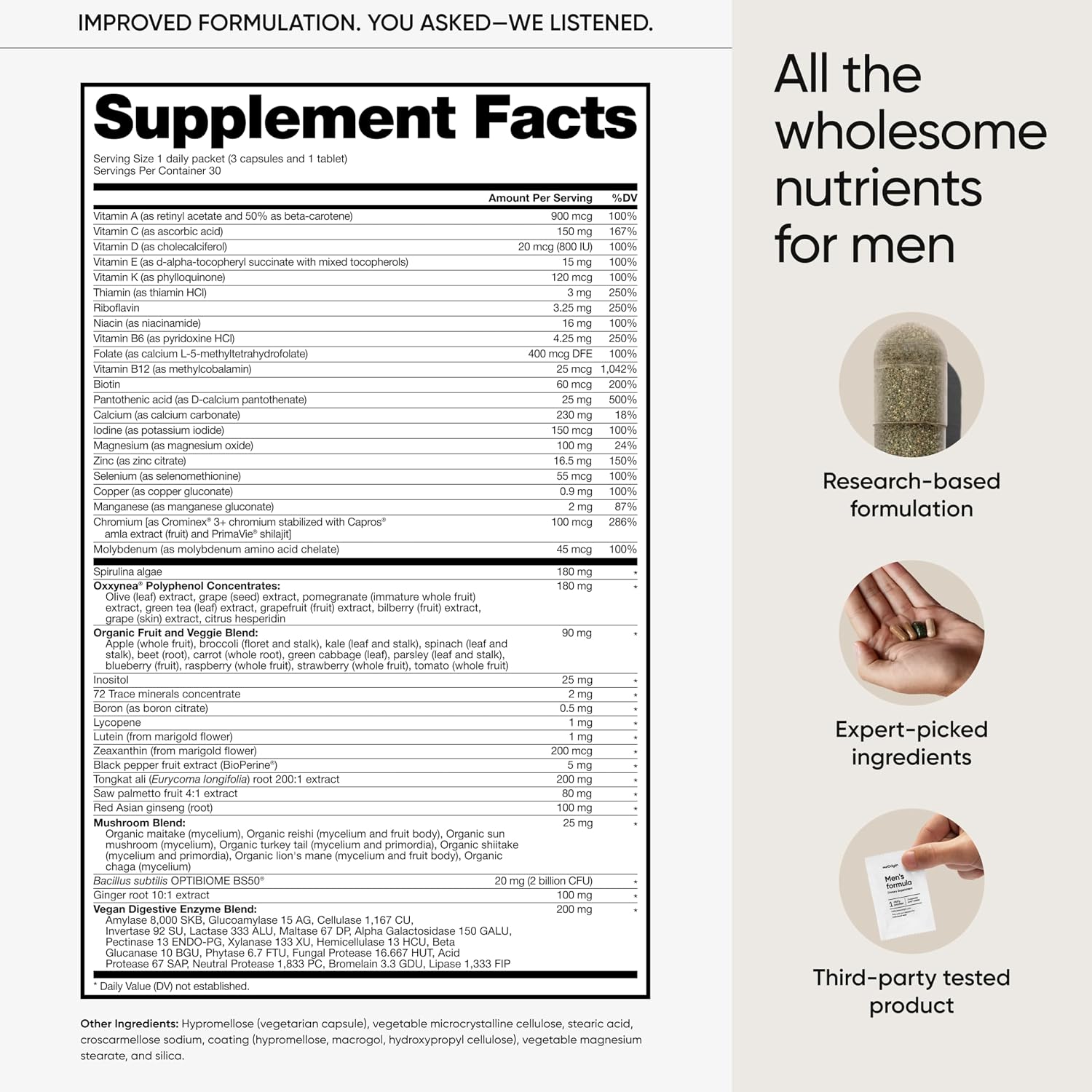 Multivitamínico para Hombres meOrigin | Complejo con Zinc, Vitamina D, C, B12, Saw Palmetto, Biotina, Selenio | 79 Nutrientes para la Energía y el Cabello Saludable | 30 Días