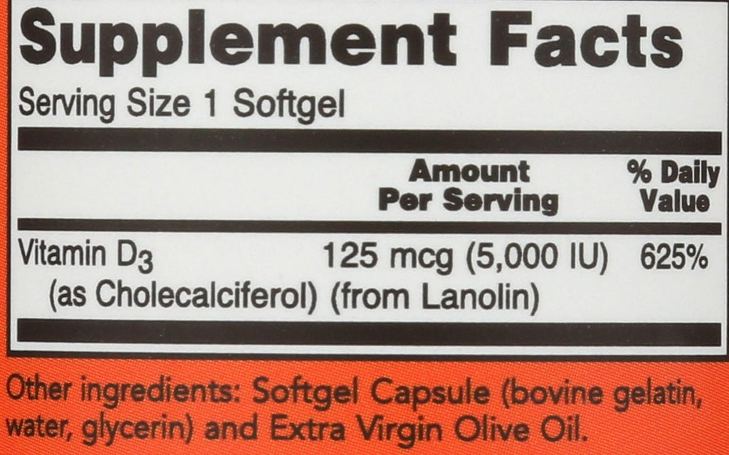 NOW Foods Vitamina D3 5000 UI - 120 Cápsulas Blandas, Pack de 2