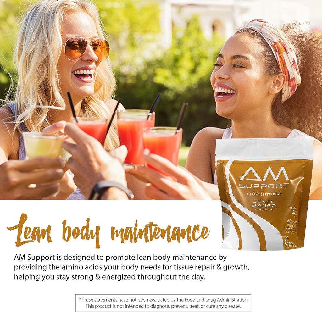 AM Support Mezcla Matutina de Nutrición – Cero Calorías Apoyo Nutricional GLP-1 con Vitaminas, Minerales, Aminoácidos, Fibra Prebiótica, Baobab, Ginseng y Colágeno Marino - Melocotón Mango - 30 Servicios