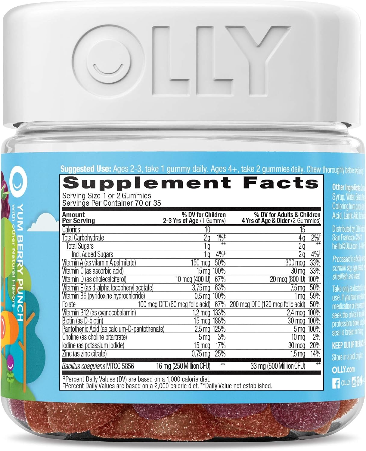 OLLY Kids Multivitamin + Probiotic Gummy - Gomitas multivitamínicas con probióticos para niños, sabor bayas, 70 unidades (pack de 3)