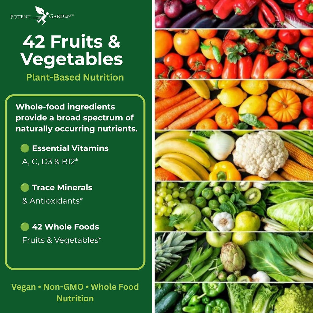 Potent Garden Multivitamínico para Hombres y Mujeres – 42 Frutas y Verduras, Probióticos y Enzimas, Complemento Alimenticio Diario, 90 Comprimidos