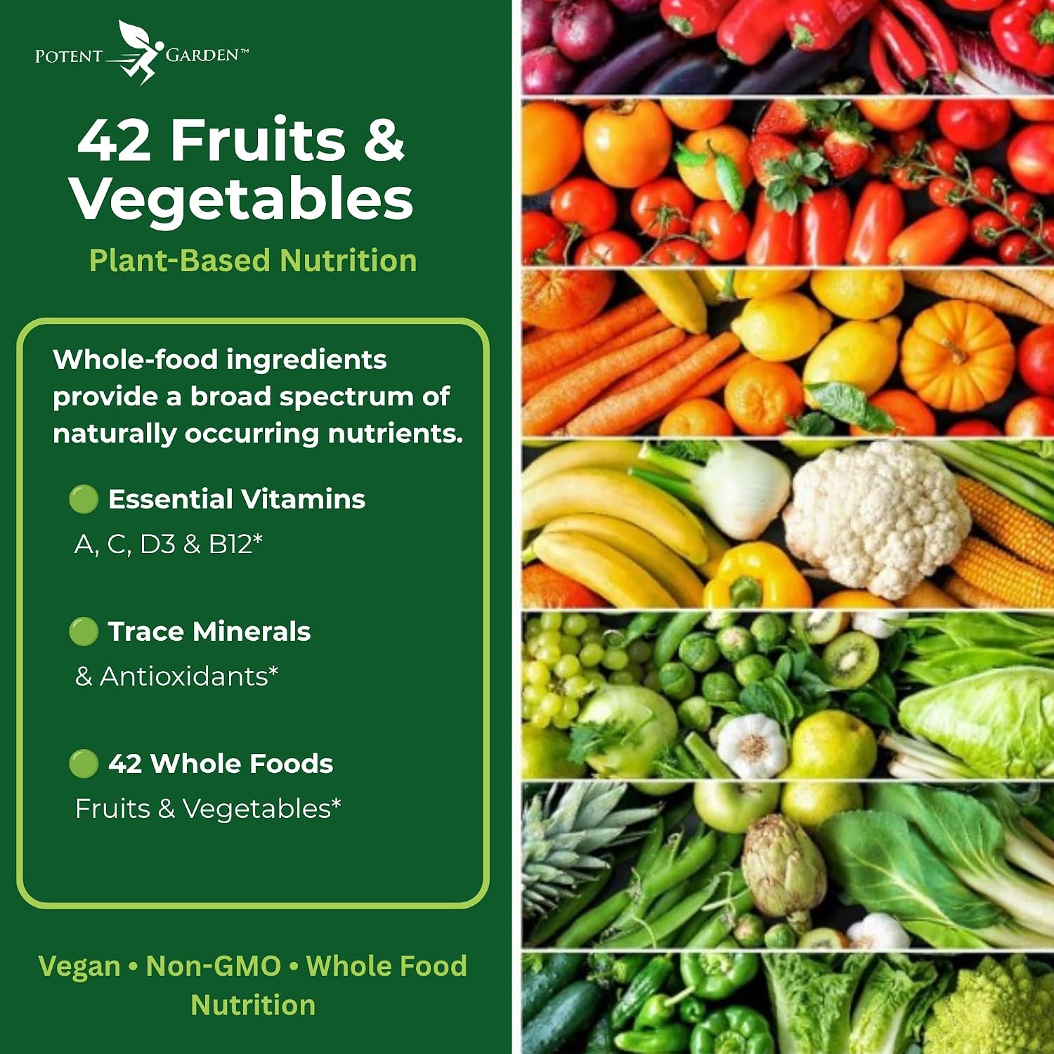 Potent Garden Multivitamínico para Hombres y Mujeres – 42 Frutas y Verduras, Probióticos y Enzimas, Complemento Alimenticio Diario, 90 Comprimidos