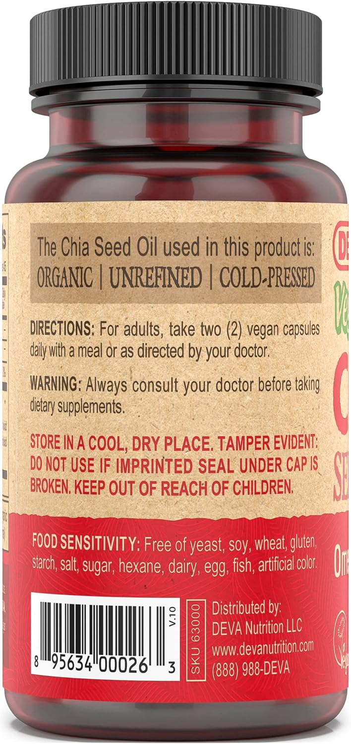 DEVA Chia Seed Oil, Rich in Omega 3, 6, 9 and Other Essential Fatty Acids, Cold Pressed and Unrefined, 90 Vegan Capsules