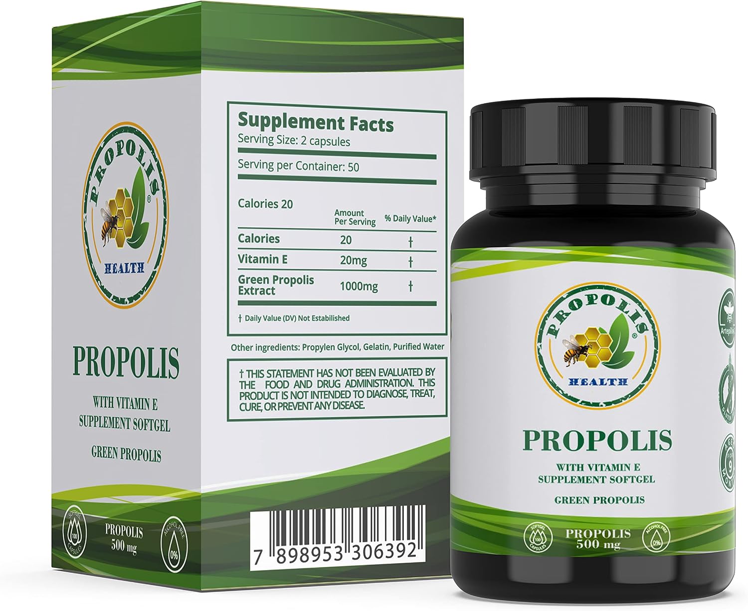 Propolis Health Cápsulas de Propóleo con Vitamina E 1000mg (100 Cápsulas)