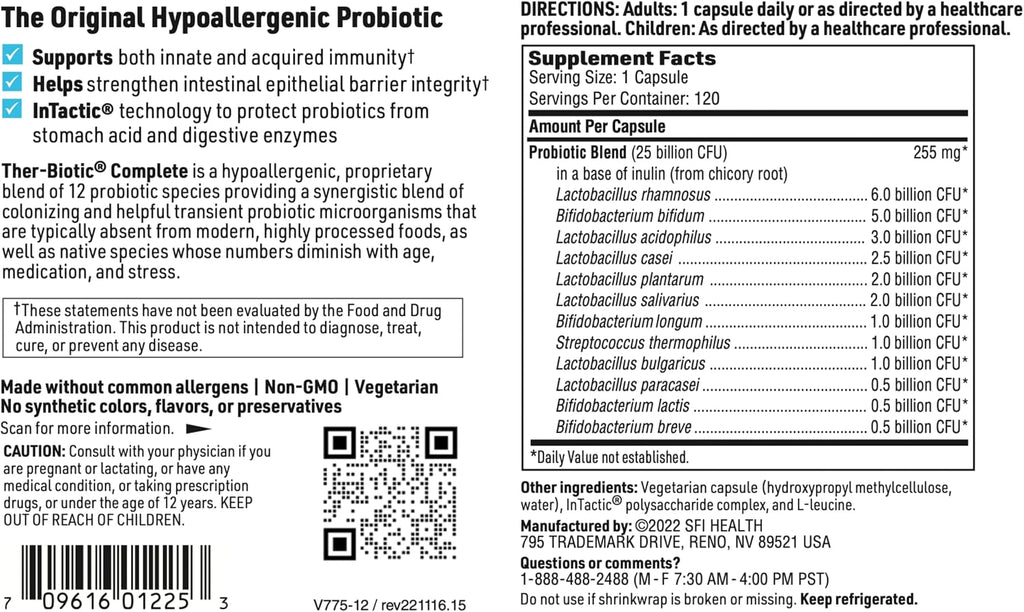 Klaire Labs SFI Health Ther-Biotic Complete - Probióticos de 25 mil millones de UFC, 12 cepas, Hipoalergénico, 120 Cápsulas (Paquete de 2)