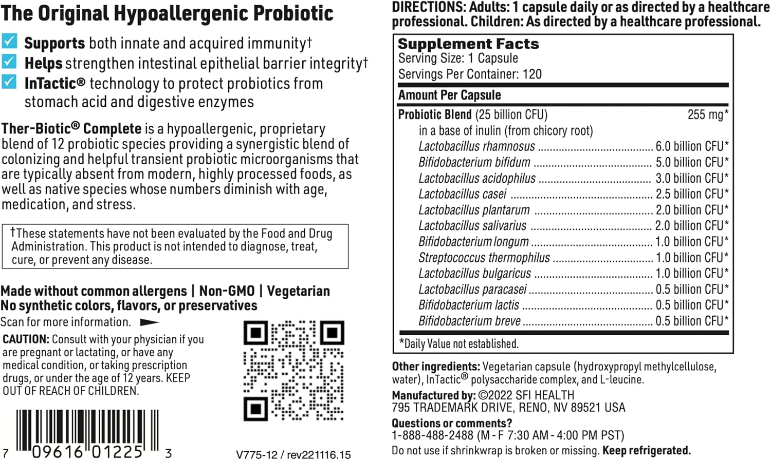 Klaire Labs SFI Health Ther-Biotic Complete - Probióticos de 25 mil millones de UFC, 12 cepas, Hipoalergénico, 120 Cápsulas (Paquete de 2)