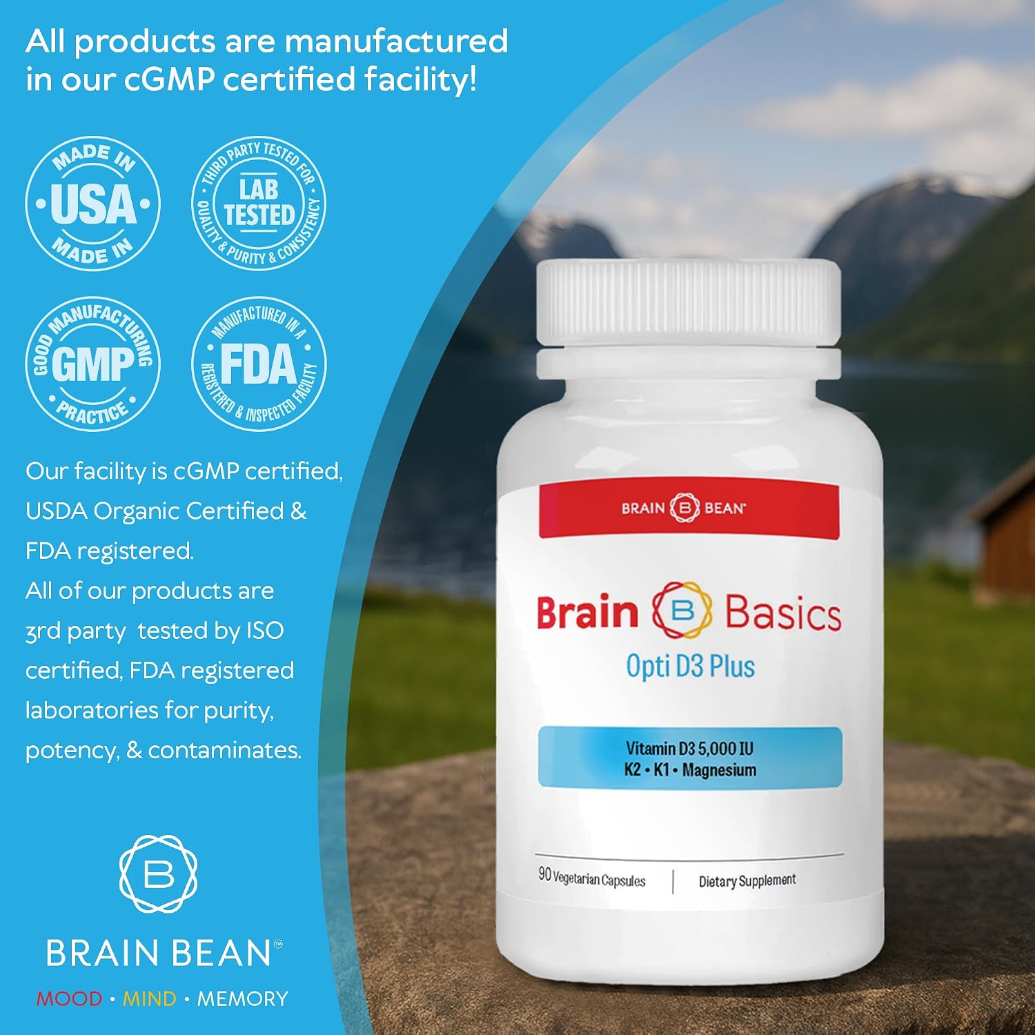 Brain Basic Opti D3 Plus - Vitamina D3 5000 UI con K1, K2 y Magnesio - Apoyo para Huesos, Músculos e Inmunidad