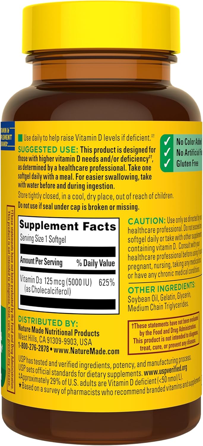 Nature Made Vitamina D3 5000 UI (125 mcg) 360 Cápsulas Blandas - Extra Fuerte