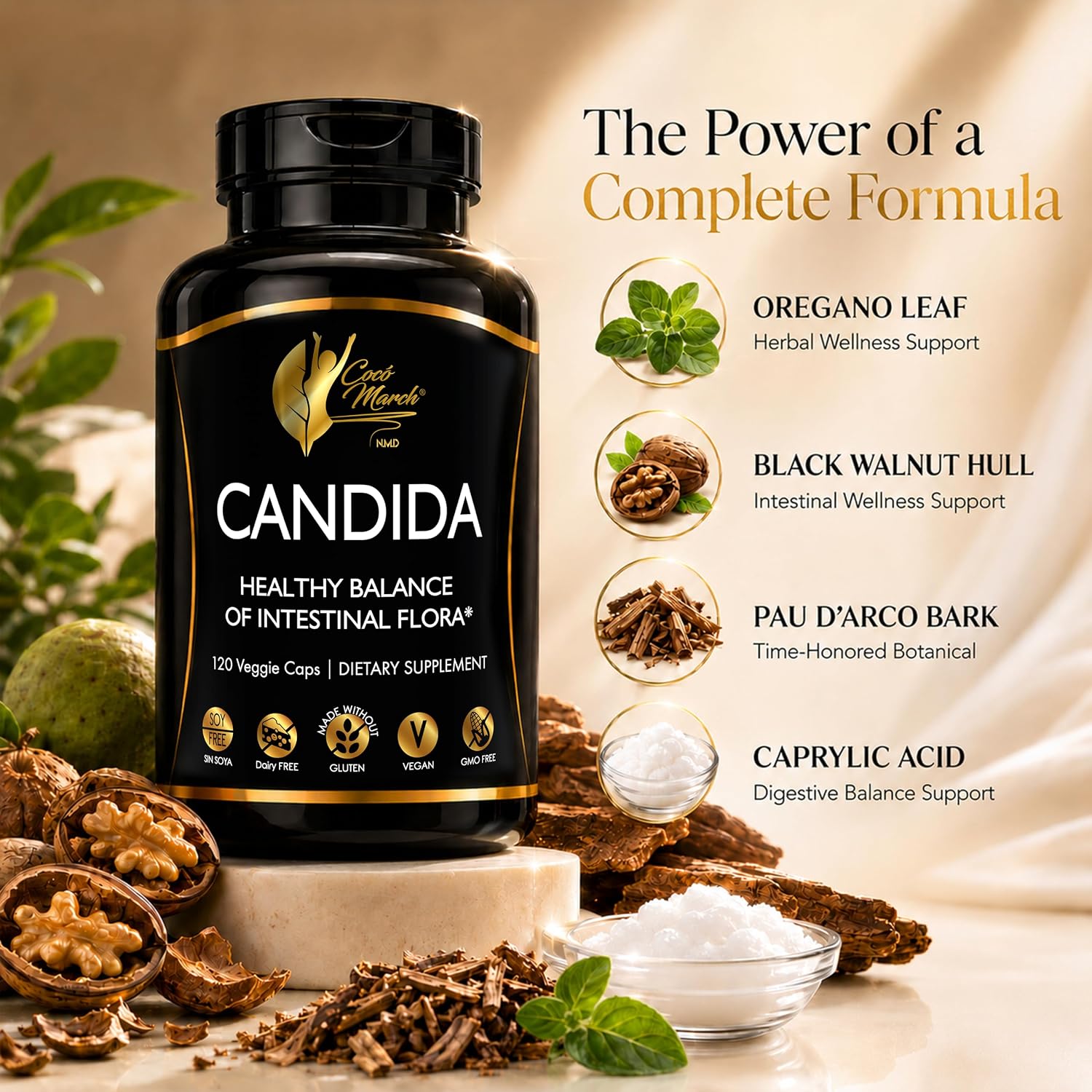 Cocó March N.M.D Candida Cleanse – Limpieza Herbal 30 Días con Enzimas Digestivas – 120 Cápsulas Vegetales