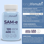 LongLifeNutri SAM-e 400 mg – 120 Cápsulas Vegetales, S-Adenosilmetionina Metilada para la Movilidad Articular, Suministro de 2 Meses, Sin Rellenos, Certificado GMP, Fabricado en EE. UU.