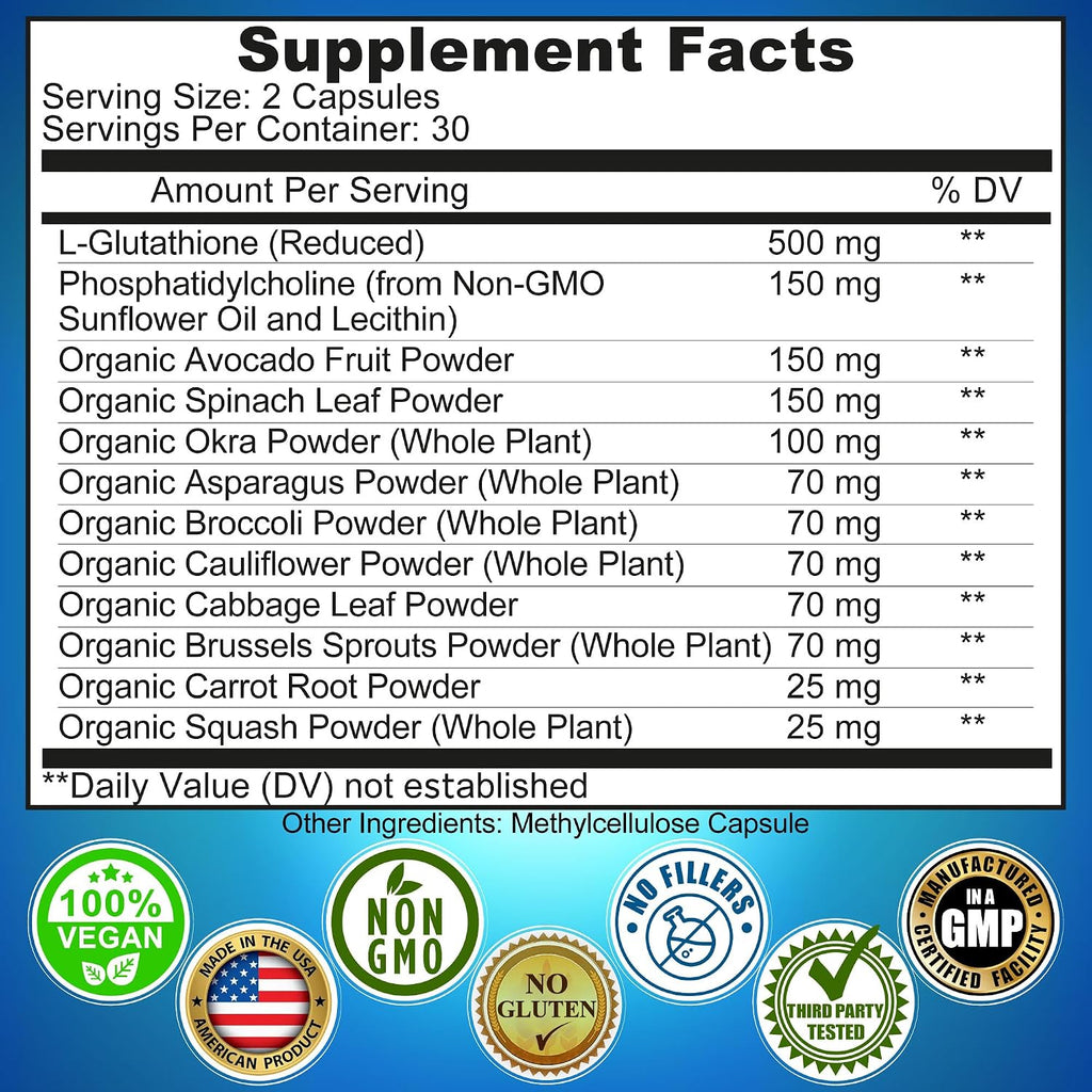 Liposomal Glutathione 500mg - Active Form L Glutathione (Reduced) for Maximum Absorption - Made with Organic Whole Foods - Master Antioxidant & Detoxifier - Immune & Cardiovascular Support - 60 count
