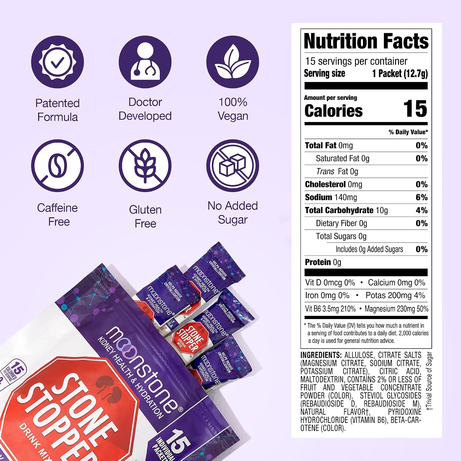 Moonstone Stone Stopper Drink Mix, Tropical - Prevención de Cálculos Renales, 15 Días