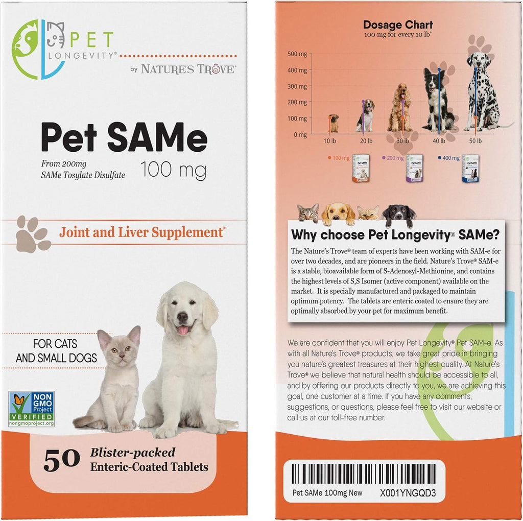 Pet Longevity SAM-e 100 mg – Complemento para el Hígado y Articulaciones para Gatos y Perros Pequeños – 50 Comprimidos con Recubrimiento Entérico