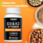 VANI Vitamins D3 + K2 (MK-7) 10000 UI 200 mcg, 90 Cápsulas Blandas