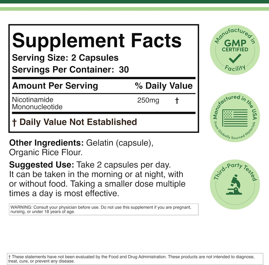 Suplemento NMN - 99% Pureza Verificada - 125mg por Cápsula de Nicotinamida Mononucleótido, 60 Cápsulas, de Double Wood Supplements