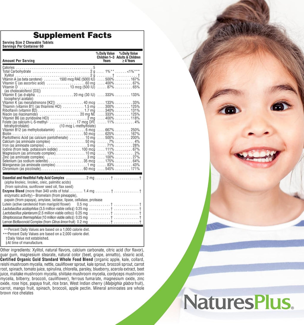 NaturesPlus Animal Parade Gold Multivitamínico Infantil - Paquete de 4 (240 Comprimidos Masticables) - Sabores a Cereza, Naranja y Uva