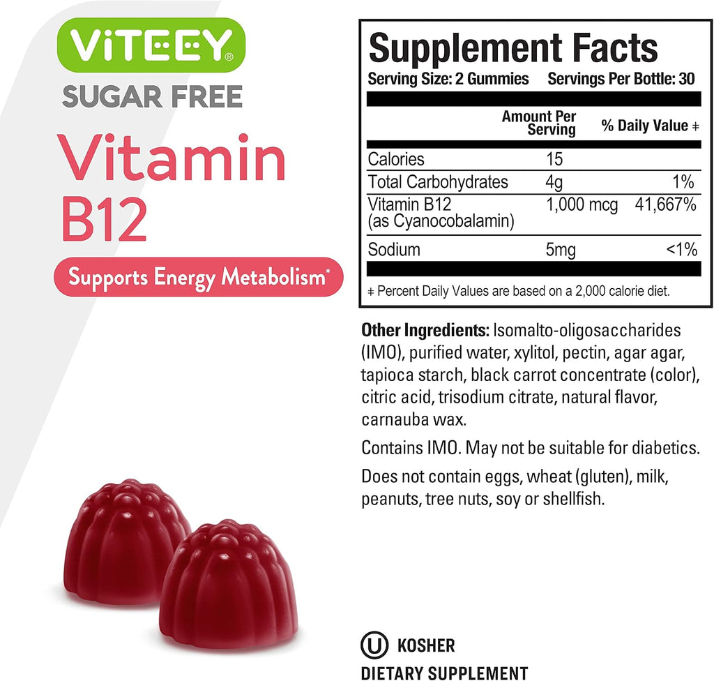Viteey Gominolas de Vitamina B12 1000mcg sin Azúcar, Sabor Fresa, 120 Gominolas