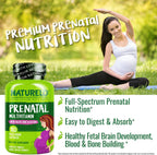 NATURELO Multivitamínico Prenatal con Hierro Quelado Suave, Folato Metílico, Calcio Vegetal y Colina - Vegano - Sin Gluten - 180 Cápsulas