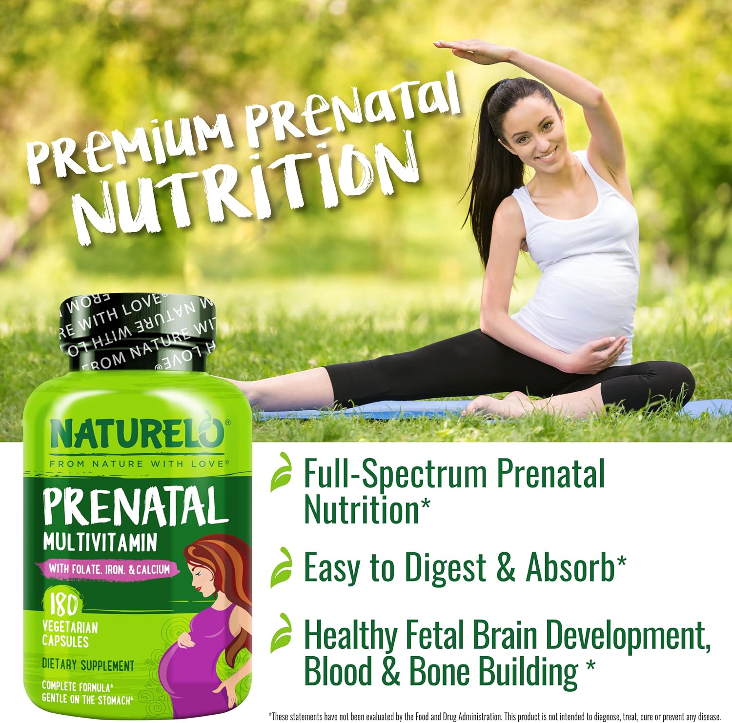NATURELO Multivitamínico Prenatal con Hierro Quelado Suave, Folato Metílico, Calcio Vegetal y Colina - Vegano - Sin Gluten - 180 Cápsulas