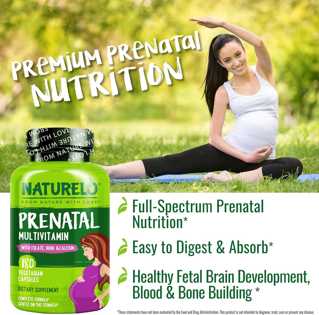 NATURELO Prenatal Multivitamin with Gentle Chelated Iron, Methyl Folate, Plant Calcium & Choline – 180 Cápsulas (Pack de 2)