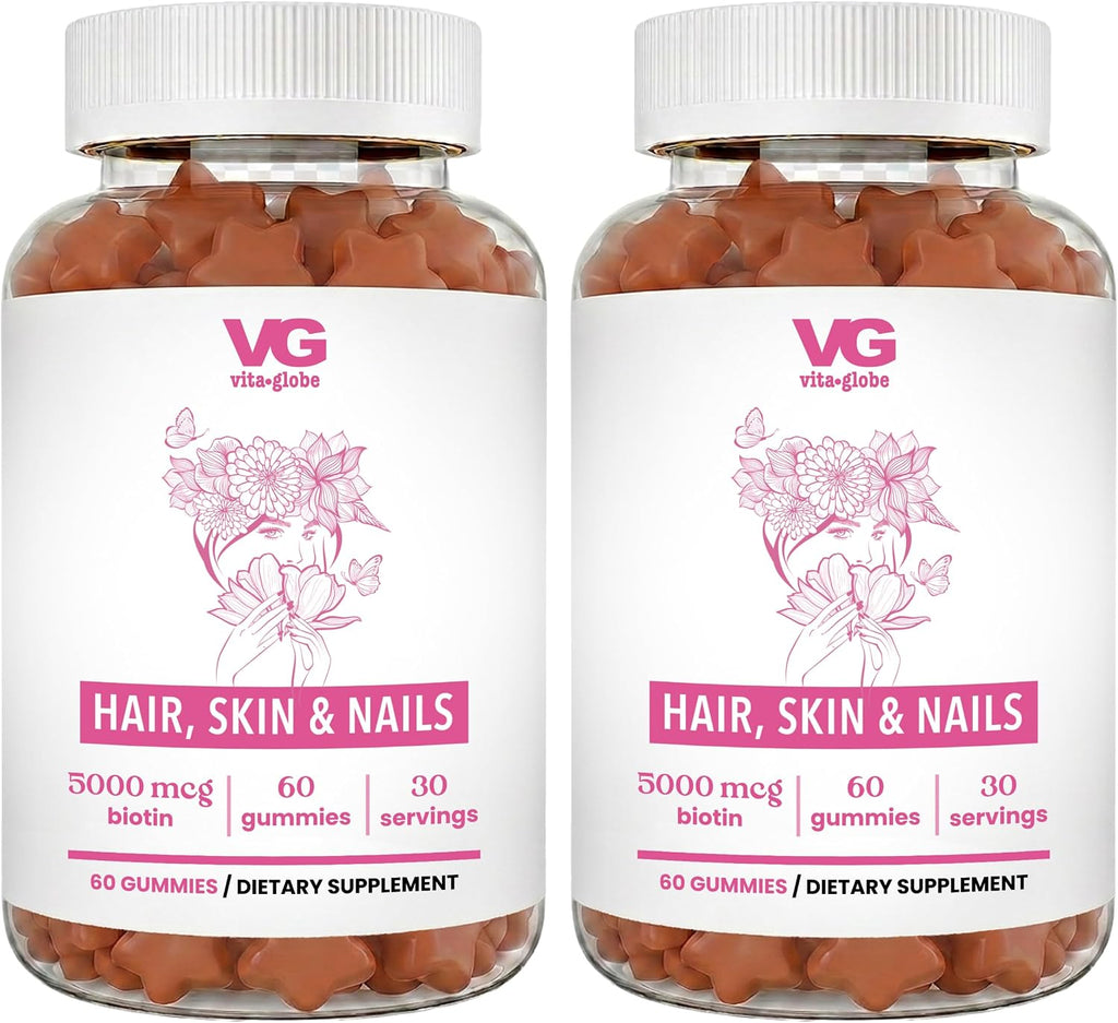 VITA GLOBE Hair, Skin & Nails + Collagen Gummies – 20mg con Vitaminas A, C, D, E, B6 y Biotina, Suplemento de Belleza y Bienestar para el Cabello, Piel y Uñas, 60 Gominolas (Envase de 1)