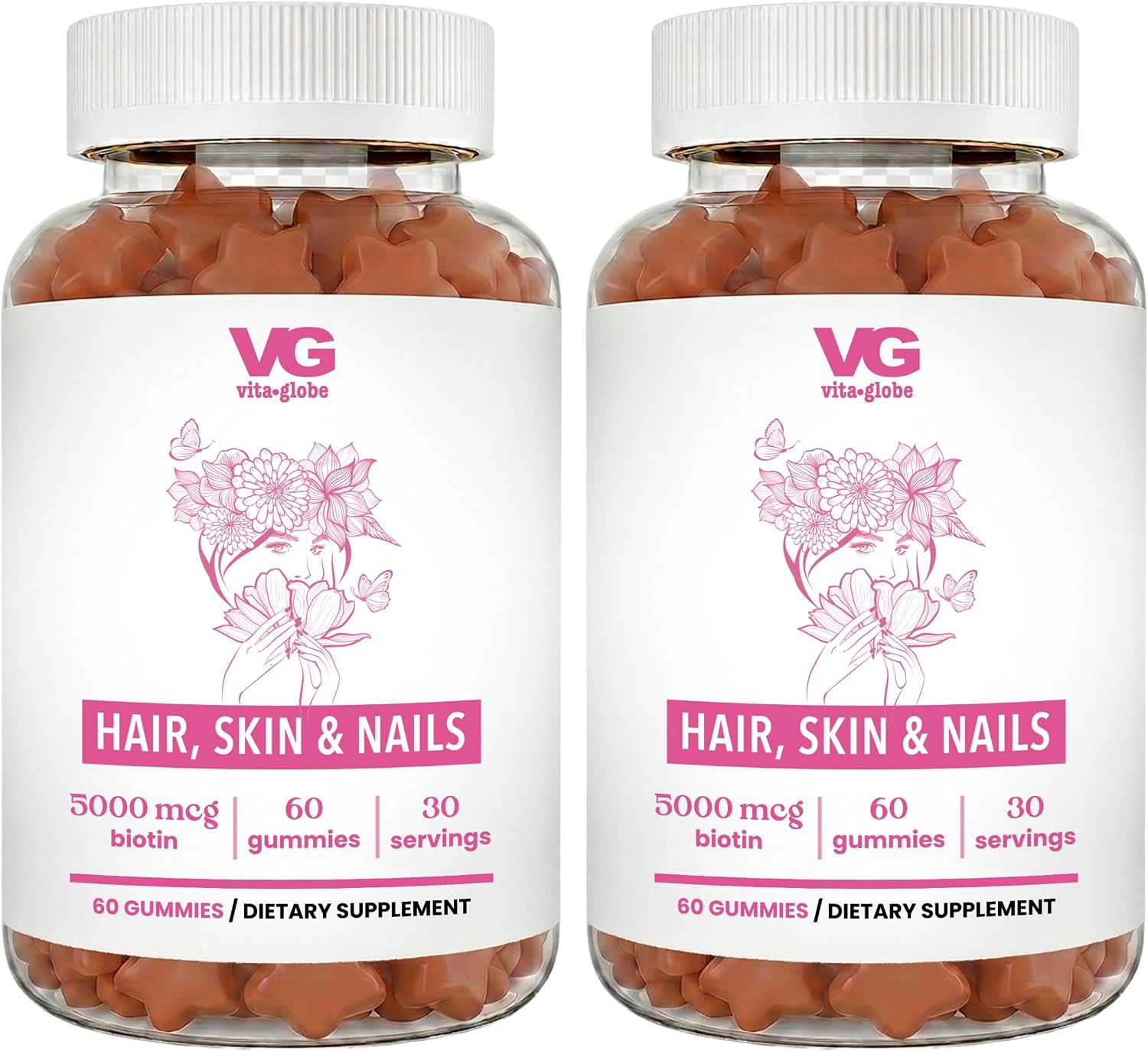 VITA GLOBE Hair, Skin & Nails + Collagen Gummies – 20mg con Vitaminas A, C, D, E, B6 y Biotina, Suplemento de Belleza y Bienestar para el Cabello, Piel y Uñas, 60 Gominolas (Envase de 1)