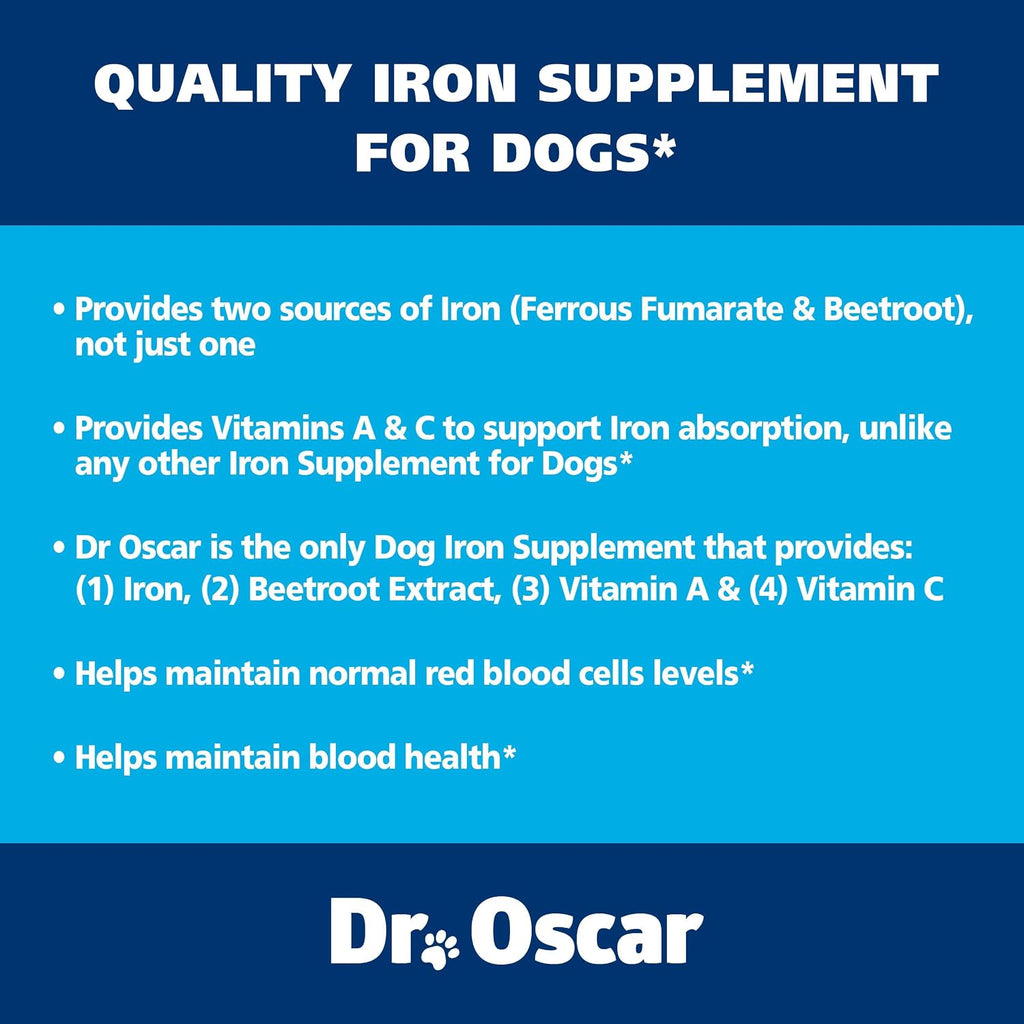 Dr. Oscar Blood Aid 3 en 1 - Suplemento de Hierro para Perros, Apoya la Salud Sanguínea, Inmunidad y Energía, 120 Comprimidos