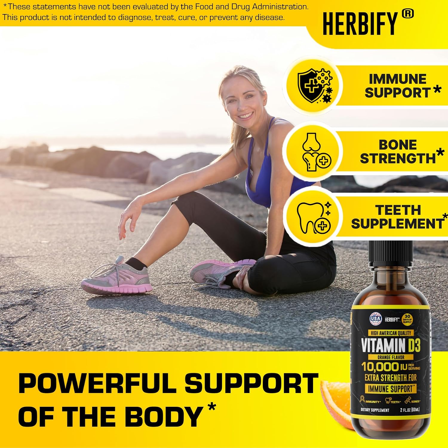 HERBIFY Vitamina D3 10000 UI - Gotas Líquidas - Salud Ósea e Inmunológica - 30 Días - 60 ml