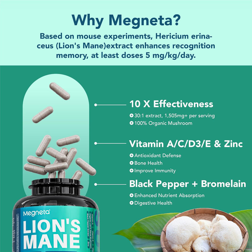 MEGNETA Extracto de Lion's Mane con Pimienta Negra, 120 Cápsulas