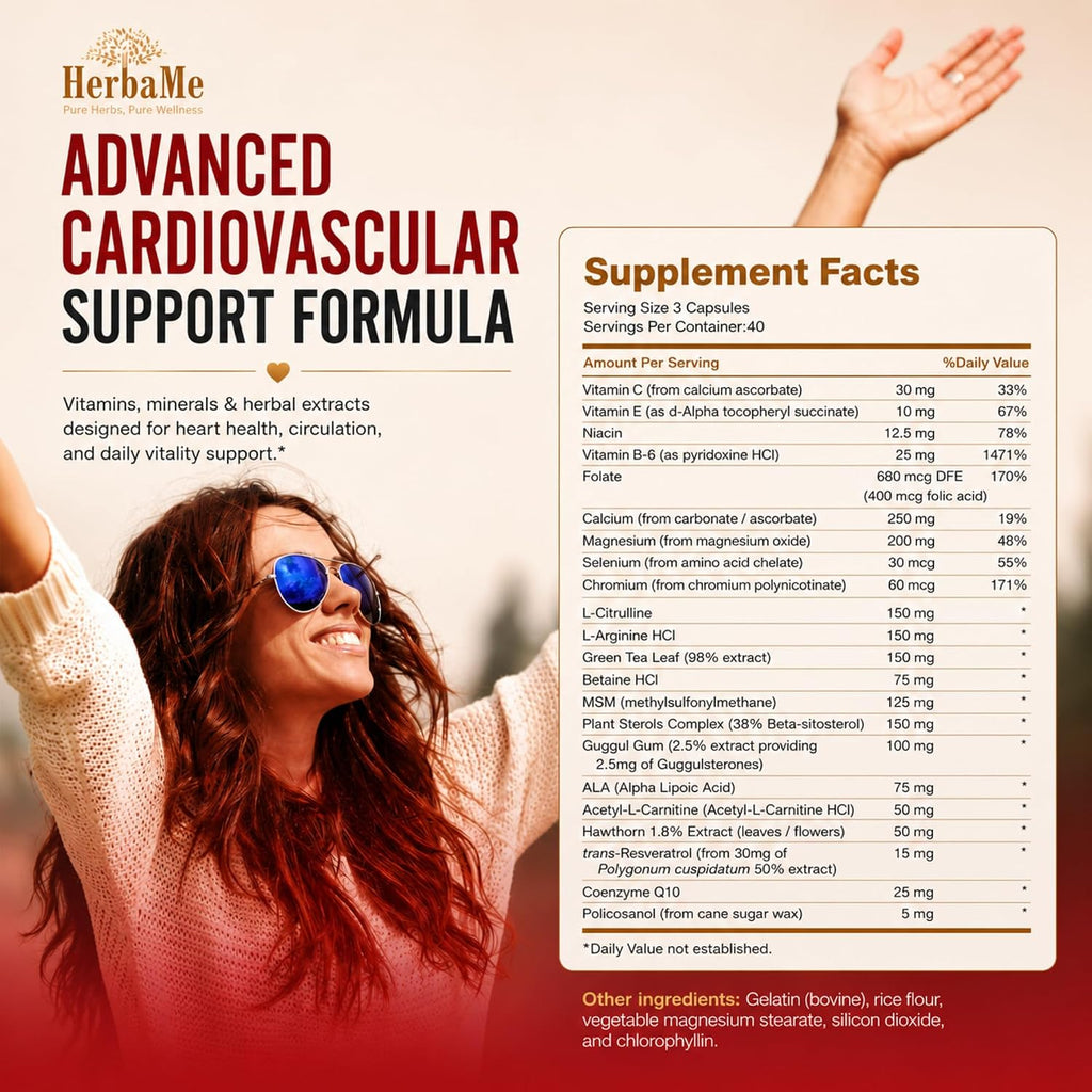 HerbaMe Heart Support – Suplemento para el Corazón con L-Arginina, Citrulina y CoQ10, 120 Cápsulas