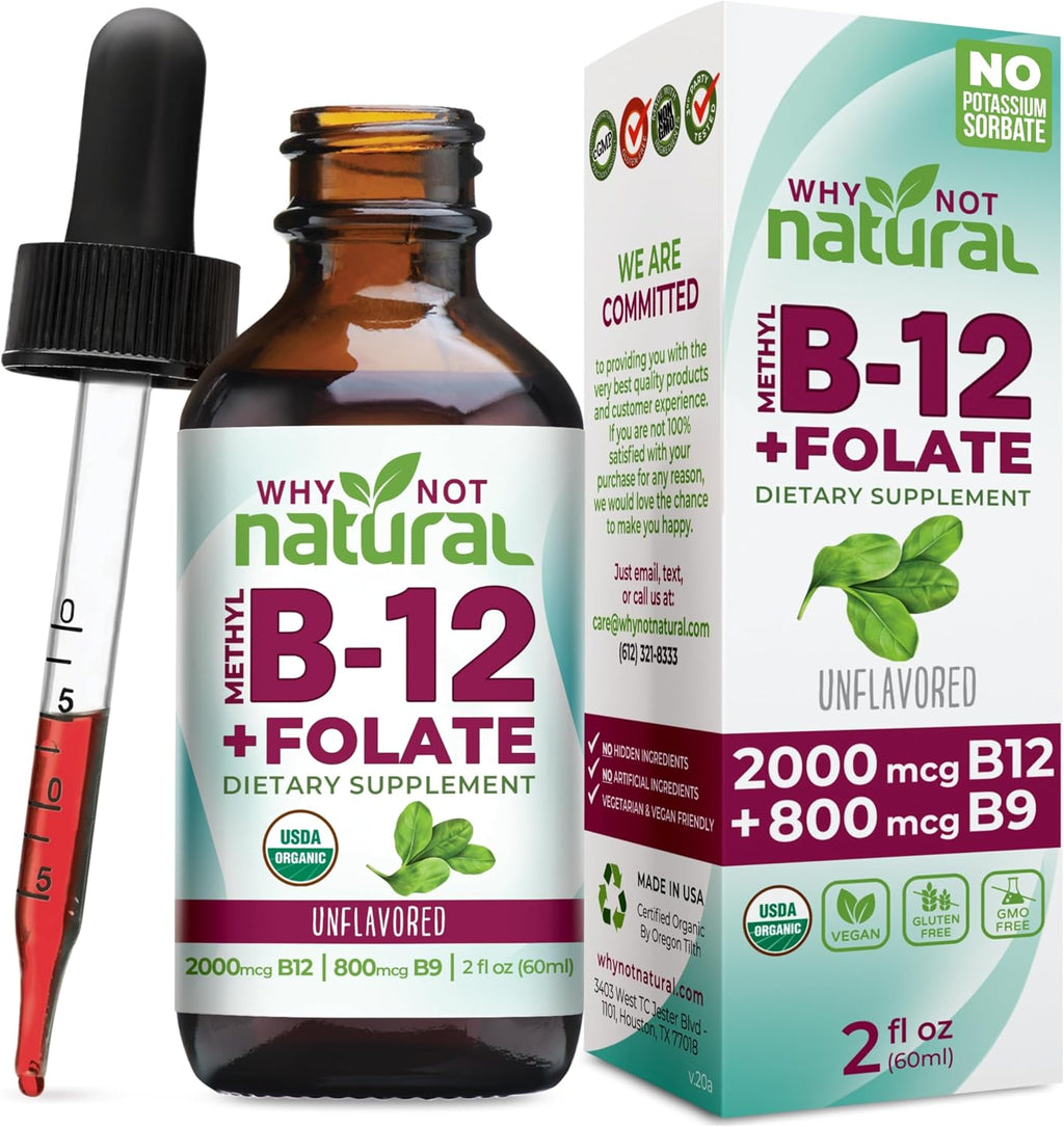 Why Not Natural Vitamin B12 Liquid Plus Folate - Gotas Sublinguales Orgánicas Extra Fuertes Veganas con Metilcobalamina y Ácido Folínico